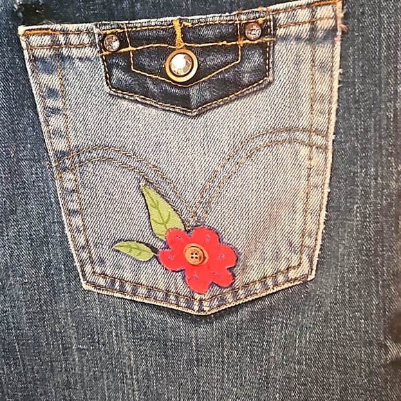 HANDMADE☆UPCYCLED EMBELLISHED DENIM SKIRT! Waist 32 - Picture 6 of 9